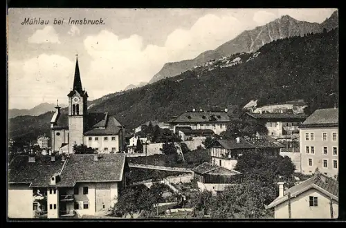 AK Mühlau bei Innsbruck, Ortsansicht mit Kirche und Gebirgspanorama