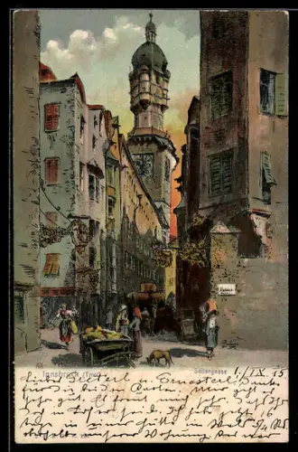 Lithographie Innsbruck /Tirol, Seilergasse mit Turm