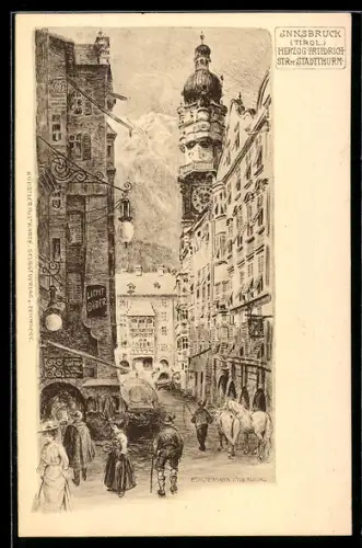 Lithographie Innsbruck /Tirol, Herzog-Friedrich-Strasse mit Stadtturm