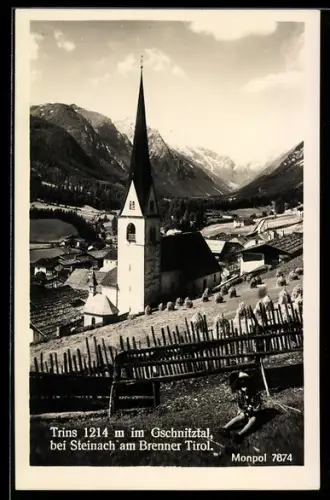AK Trins bei Steinbach, Panorama mit Kirche und Bergen