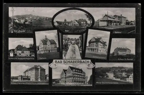 AK Bad Schallerbach, Kurhaus St. Raphael, Bahnhof, Sprudel
