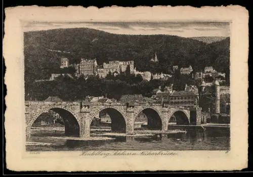 Künstler-AK Heidelberg, Schloss und Neckarbrücke