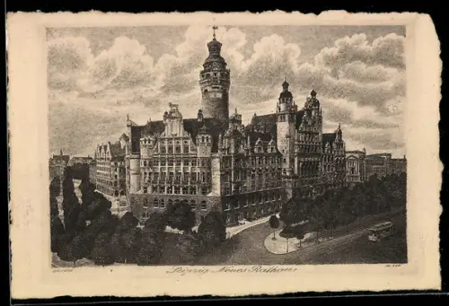 Künstler-AK Leipzig, Neus Rathaus mit Strassenbahn