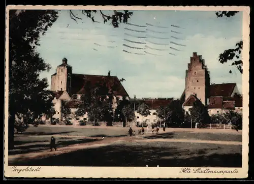 AK Ingolstadt, Alte Stadtmauerpartie mit Kirche