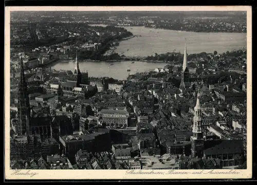 AK Hamburg-Rotherbaum, Flugblick auf das Stadtzentrum mit Binnen-und Aussenalster