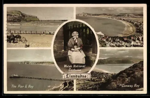AK Llandudno, The Sands and Pier, Conway Bay, Great Ormes Head, Welsh National Costume