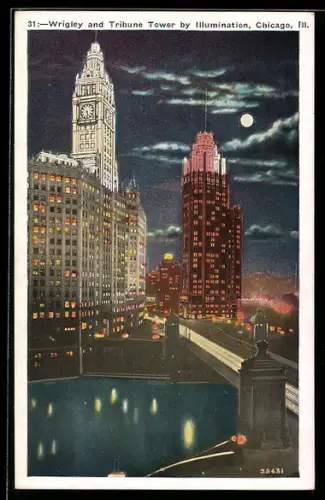 AK Chicago, IL, Wrigley and Tribune Tower by Illumination