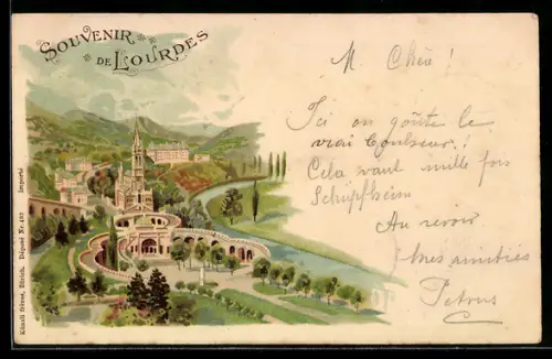 Lithographie Lourdes, Wallfahrtsort mit Heiligtum und Basilika