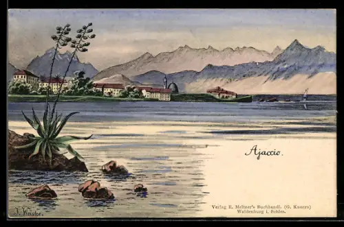 AK Ajaccio, Küstenansicht mit Häusern und Bergen