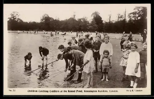 AK London, Kensington Gardens, Children Catching Tiddlers at the Round Pond