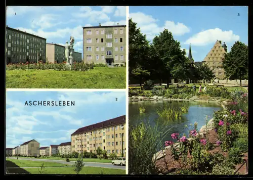 AK Aschersleben, Otto-Grotewohl-Strasse, Juri-Gagarin-Strasse, Blick zum Volkshaus am Platz der Jugend