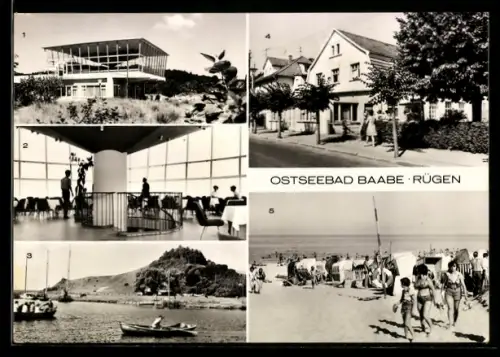AK Baabe /Rügen, HO-Gaststätte Inselparadies, Strand, Blick zur Moritzburg
