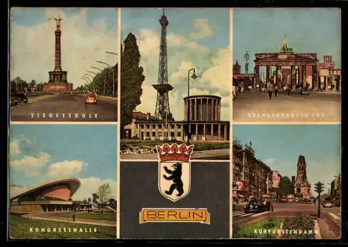 AK Berlin, Siegessäule, Brandenburger Tor, Kongresshalle, Kurfürstendamm