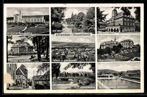 AK Menden /Sauerland, Rathaus, Stadt u. Ehrenmal, Schwimmbad Leitmeke