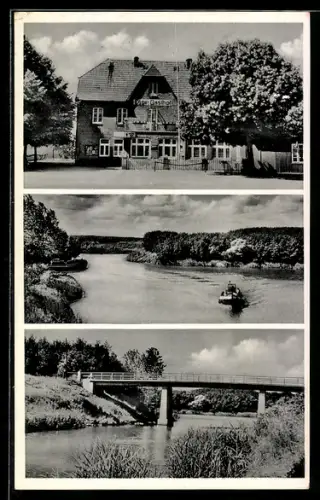 AK Güster i. Lauenburg., Egge`s Gasthof, Fluss mit Boot, Brücke
