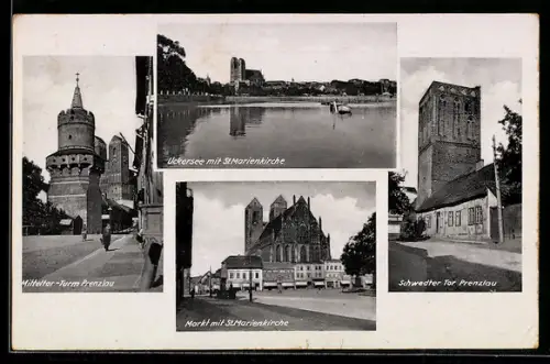 AK Prenzlau, Uckersee mit St. Marienkirche, Mitteltor-Turm, Schwedter Tor