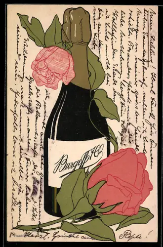AK Burgess Weinflasche mit zwei Rosen