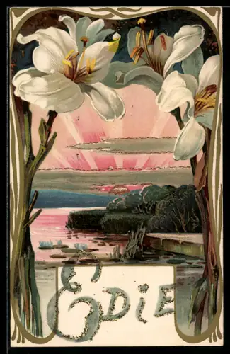 Lithographie Seeidylle am Abend, Lilien-Ornament-Rahmen, Schriftzug Edie mit Glitter, Jugendstil