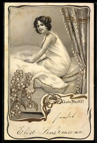 Lithographie Gute Nacht!, Mädchen beim Zubettgehen, Blumen, Goldverzierung, Ornament-Rahmen, Jugendstil