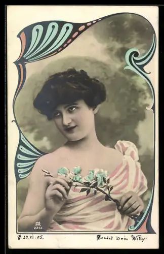 AK Junge Dame mit Blütenzweig, Ornament-Rahmen, Jugendstil