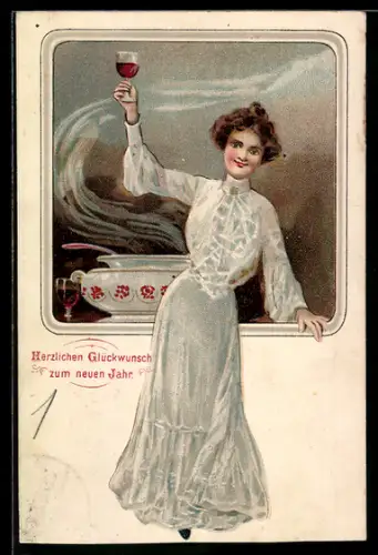 Präge-AK Junge Dame mit erhobenem Punschglas u. dampfendem Punschgefäss, Neujahrsgruss, Jugendstil