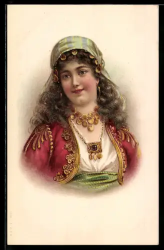 Lithographie junge Dame mit goldenem Halsschmuck