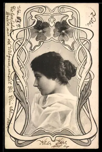 AK Mädchen mit Dutt, Blumen, Ornament-Rahmen, Jugendstil