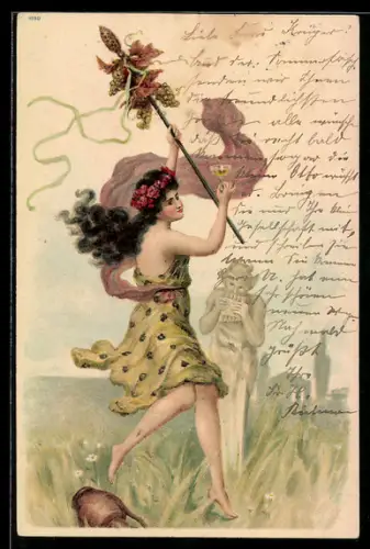 Lithographie Junge Dame mit Weinglas u. Fabelwesen mit Panflöte im Jugendstil