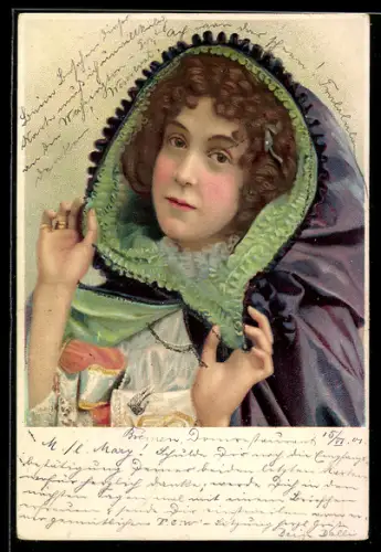 Lithographie Junge Dame im bestickten Umhang, Jugendstil