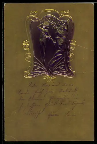 Präge-AK Mädchen füllt sein Glas an einem Rinnsal im Felsen, Ornament-Rahmen, Jugendstil