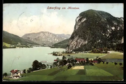 AK Scharfling am Mondsee, Panorama mit See und steilem Fels