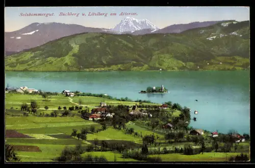 AK Seewalchen am Attersee, Litzlberg, Panorama mit See und Insel, Buchberg