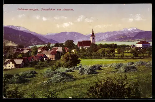 AK Seewalchen am Attersee, Panorama mit Kirche und See