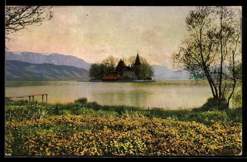 AK Litzlberg am Attersee, Kirche, See- und Gebirgspanorama