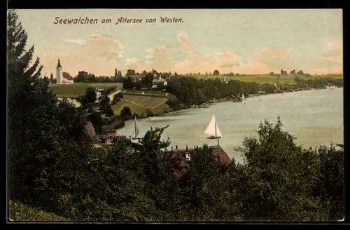 AK Seewalchen am Attersee, Panorama von Westen mit Kirche und Segelbooten