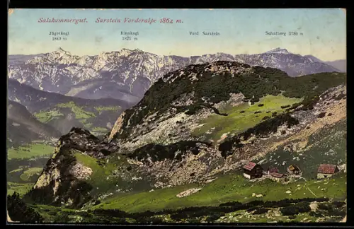 AK Bad Goisern am Hallstättersee, Sarstein, Vorderalpe mit Hütten und Bergpanorama