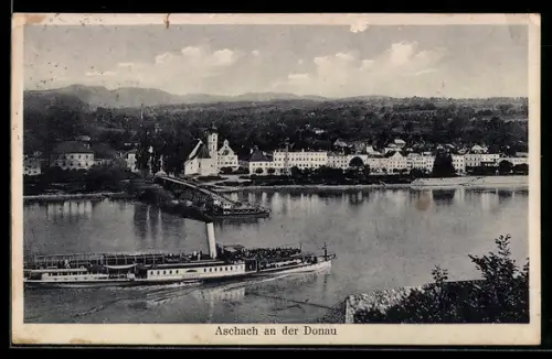 AK Aschach an der Donau, Ortsansicht mit Brücke und Dampfschiff