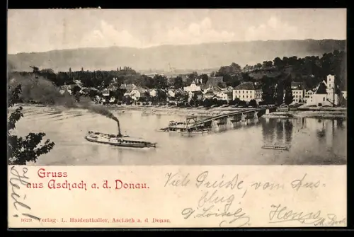 AK Aschach a. d. Donau, Donaupartie mit Dampfschiff und Ortspanorama