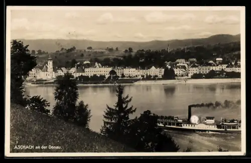 AK Aschach an der Donau, Panorama mit Donau und Raddampfer