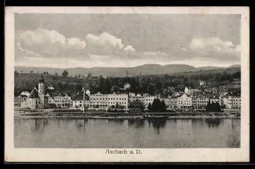 AK Aschach a. D., Donauufer mit Ortsansicht und Kirche