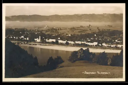 AK Aschach a. d. Donau, Panorama mit Donau und Kirche