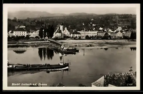 AK Aschach a. d. Donau, Donauufer mit Brücke und Kirche