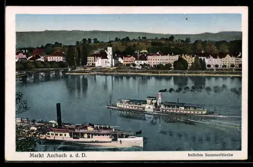 AK Aschach a. d. D., Teilansicht des Ortes mit Flussdampfern