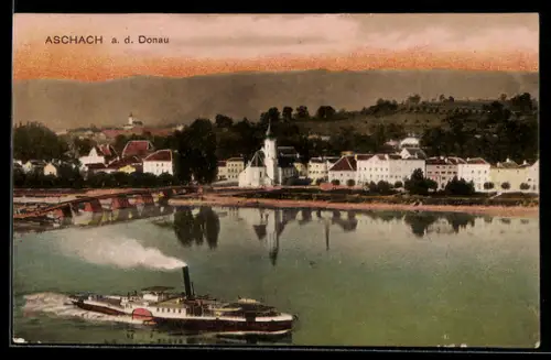 AK Aschach a. d. Donau, Panorama mit Dampfer und Donauufer
