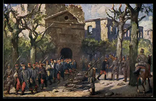 Künstler-AK W. Bürger: Longwy, Gefangennahme der Besatzung am 26. August 1914, Soldaten, Schlacht