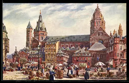 Künstler-AK Charles F. Flower: Mainz, Dom mit Marktplatz, Neujahrsgruss