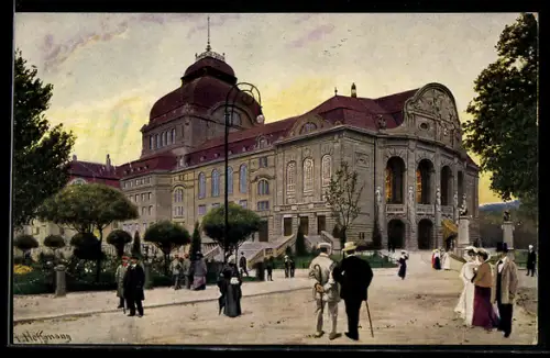 Künstler-AK Freiburg i. Br., Passanten vor dem neuen Theater