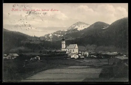 AK Söll, Ortspartie mit Kirche und der hohen Salve