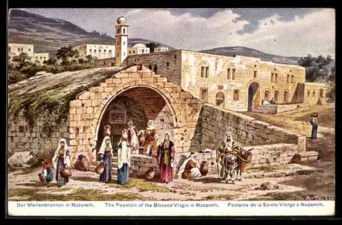 Künstler-AK F.Perlberg: Nazareth, Marienbrunnen, Esel