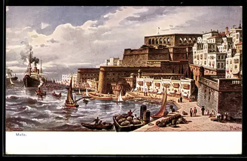 AK Malta, Teilansicht mit Hafen